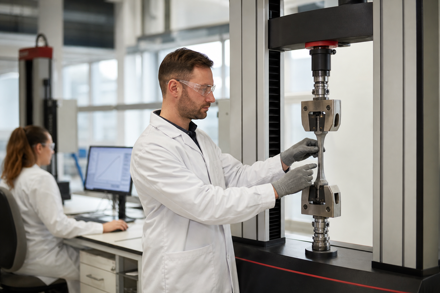 Científica en bata blanca operando una máquina universal de ensayos de tracción con probeta de acero